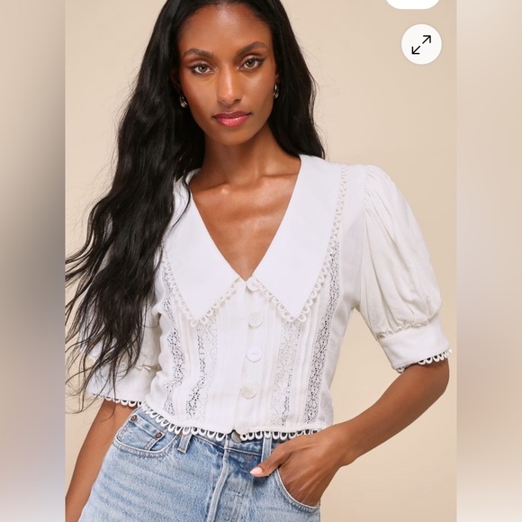 Lulus Uncommon Charm Ivory Lace Button-Up Big Collar Puff Sleeve Top M Boho NWT - Picture 4 of 12